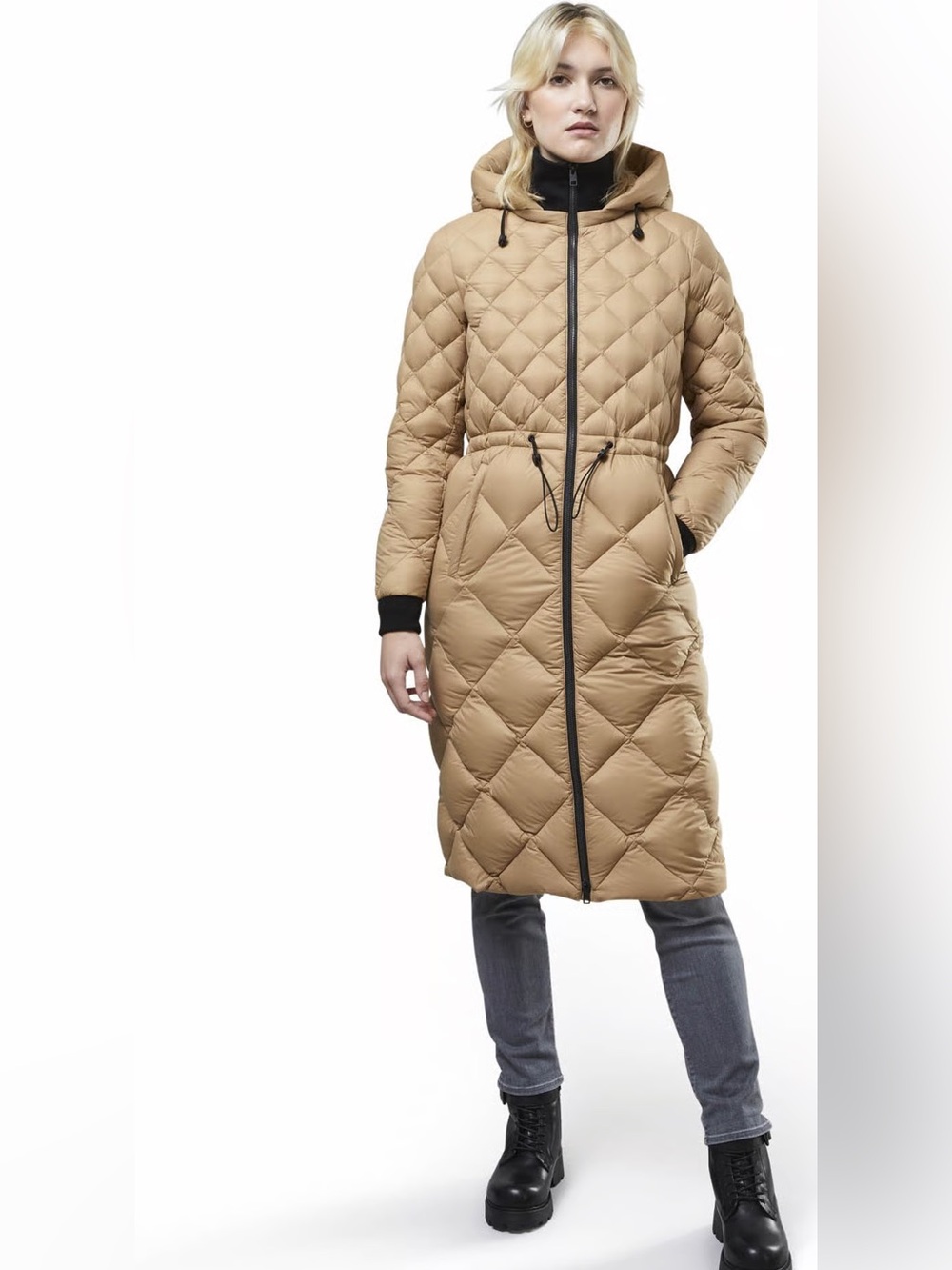 Soia & Kyo Quilted Tan Hooded Long Puffer Coat